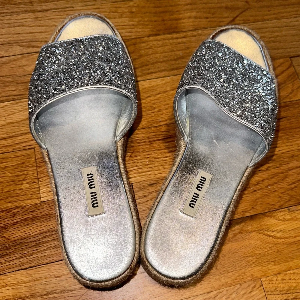 Miu Miu silver leather espadrille wedge slide 38.5